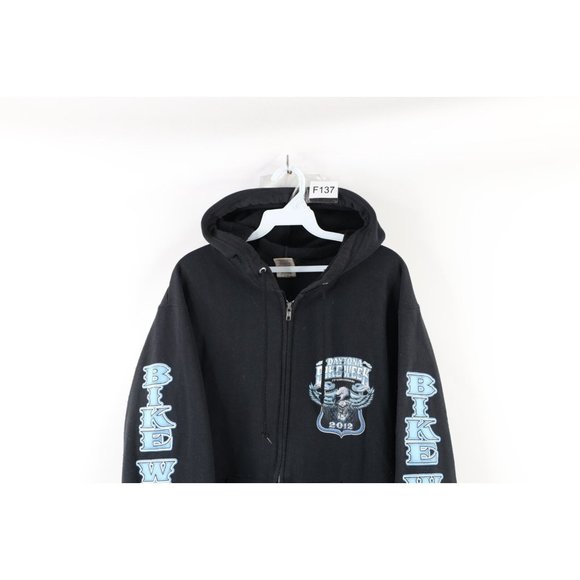 Y2K Mens Medium Faded Spell Out Tribal Daytona Bike Week Full Zip Hoodie Black - Picture 2 of 11